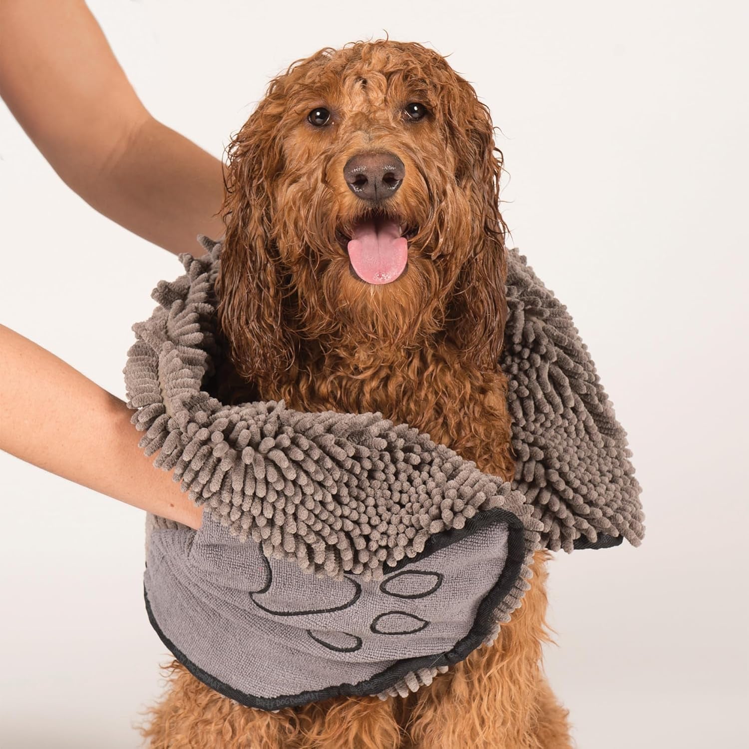 the Dirty Dog Shammy - Fast Drying Plush Shammy Towel with Dual Hand Pockets and Elastic - Super Absorbent Microfiber and Machine Washable - Grey