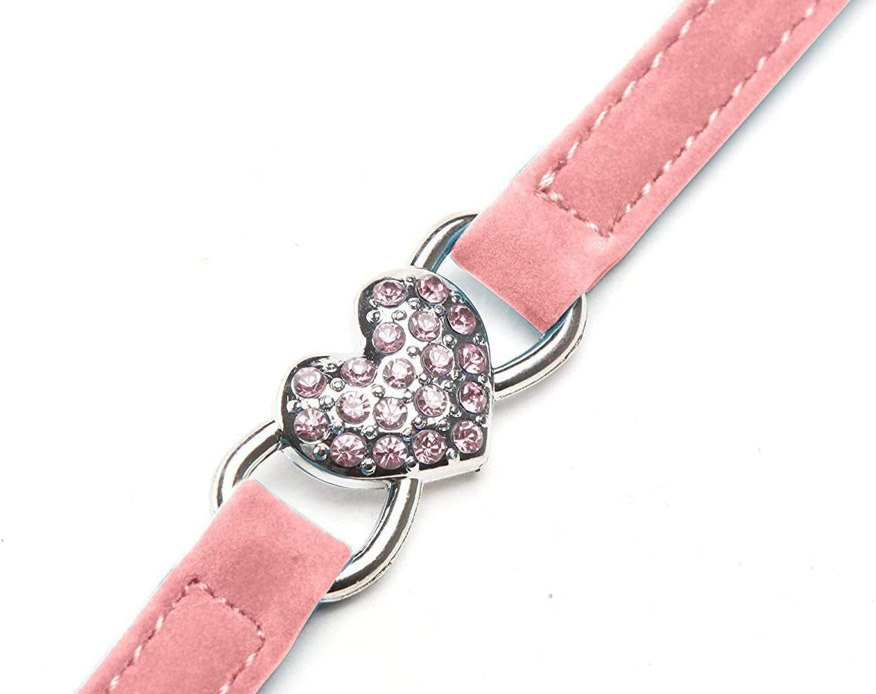 Pink Soft Velvet Safe Cat Adjustable Collar with Crystal Heart Charm and Bells 8-11 Inches(Black+Red+Pink+Blue)