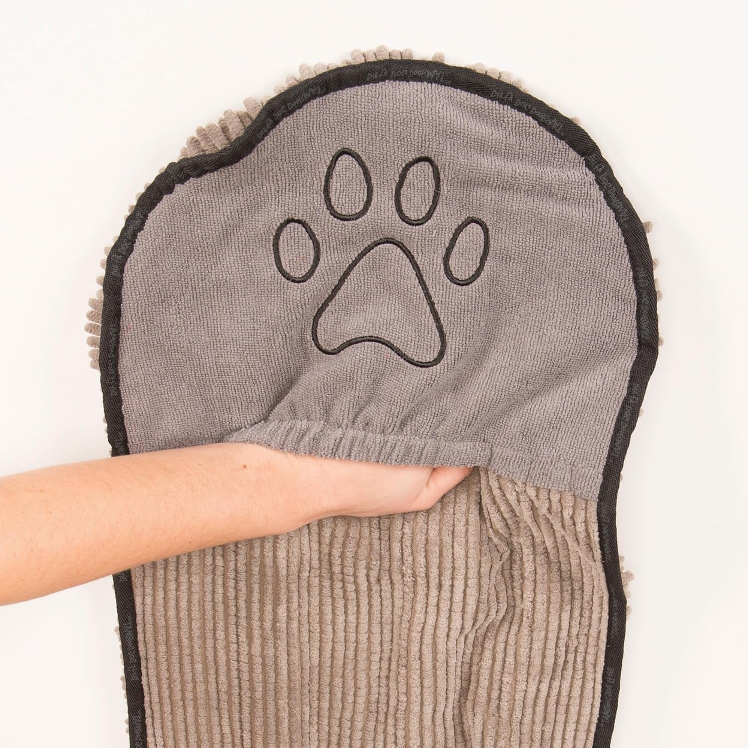 the Dirty Dog Shammy - Fast Drying Plush Shammy Towel with Dual Hand Pockets and Elastic - Super Absorbent Microfiber and Machine Washable - Grey