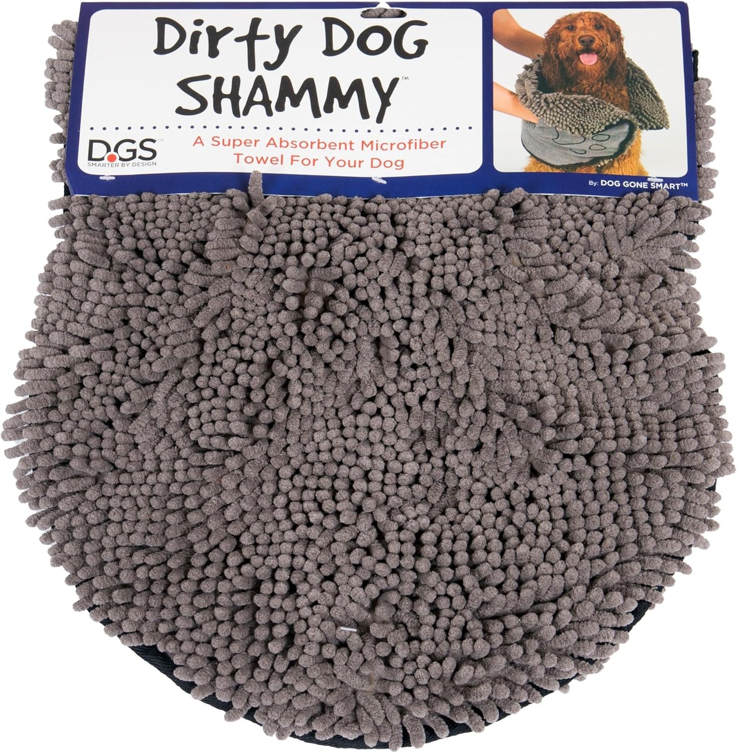 the Dirty Dog Shammy - Fast Drying Plush Shammy Towel with Dual Hand Pockets and Elastic - Super Absorbent Microfiber and Machine Washable - Grey